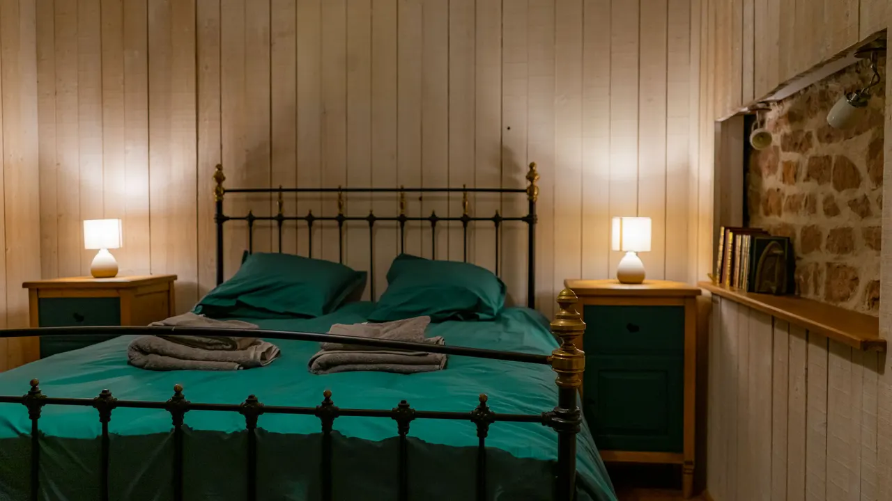 Le lit double prêt à l’arrivée, serviettes posées